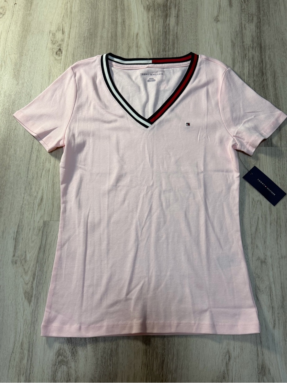 Tommy Hilfiger Light Pink V-Neck Tee with Red, White & Navy Trim